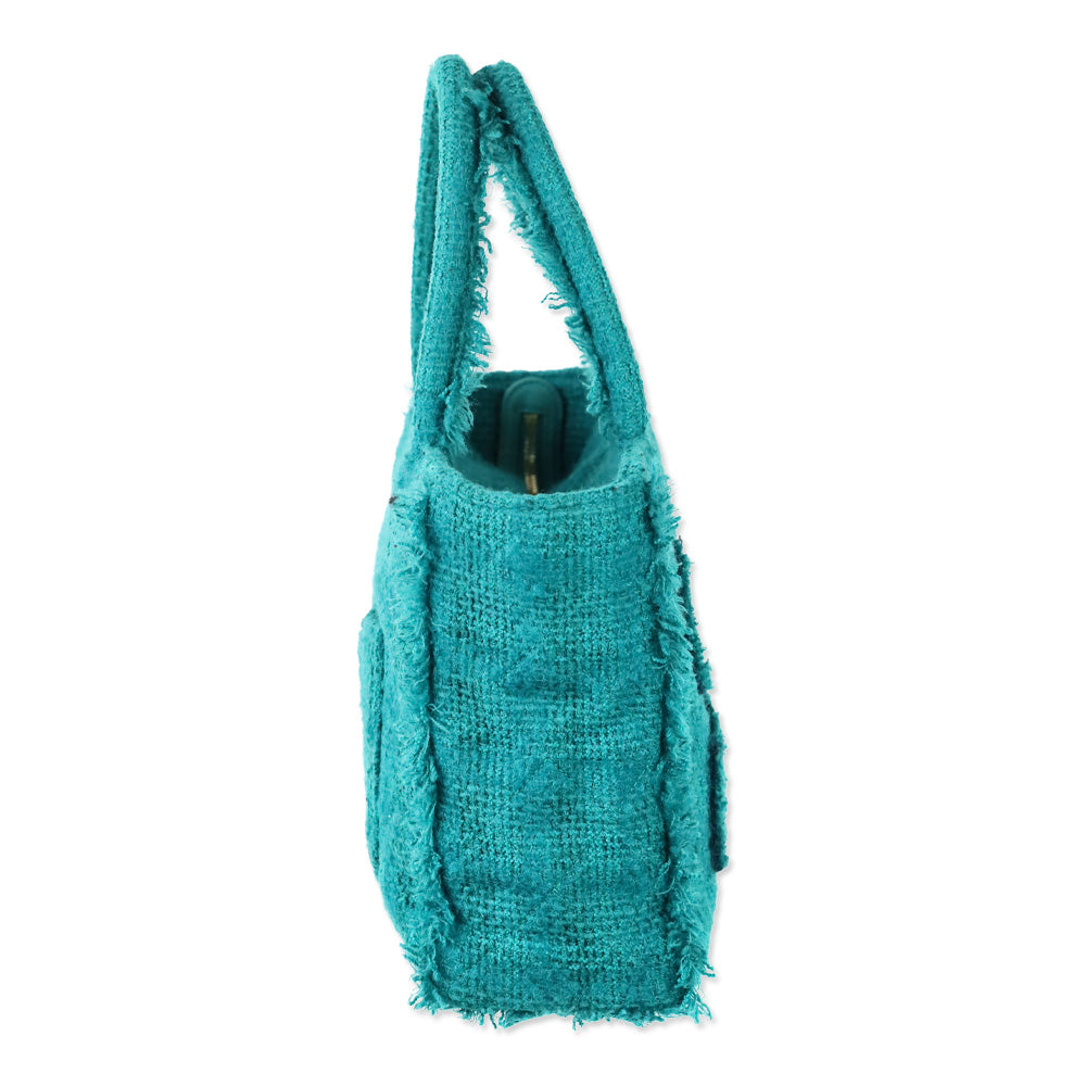 Chanel Teal Quilted Tweed Giant Logo Medium Shopping Tote