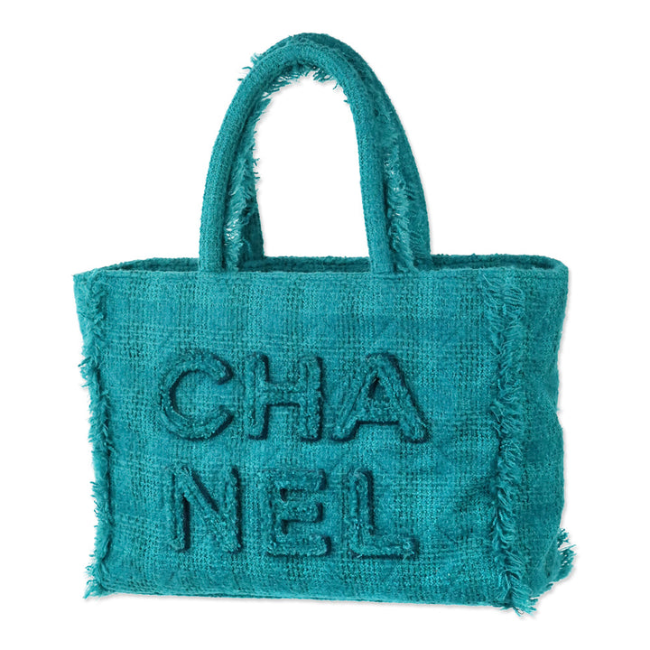 Chanel Teal Quilted Tweed Giant Logo Medium Shopping Tote