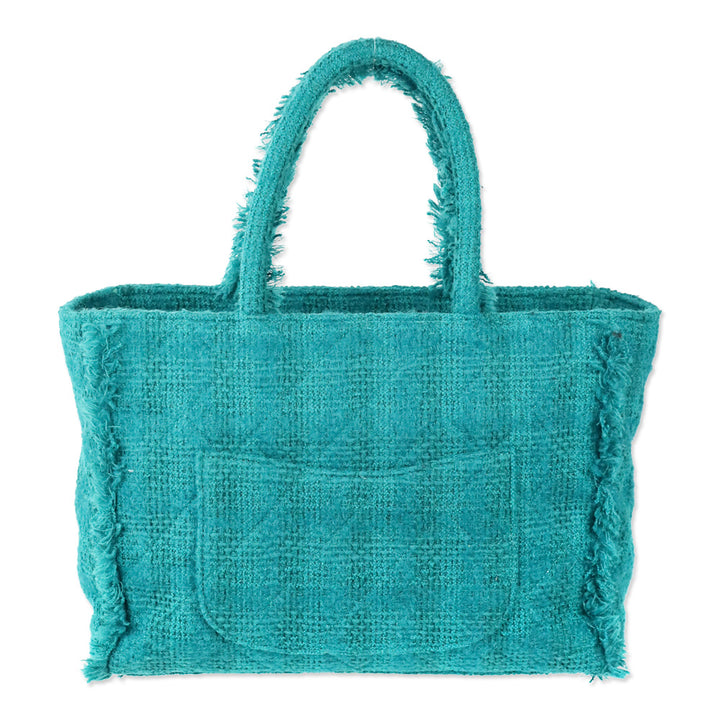Chanel Teal Quilted Tweed Giant Logo Medium Shopping Tote