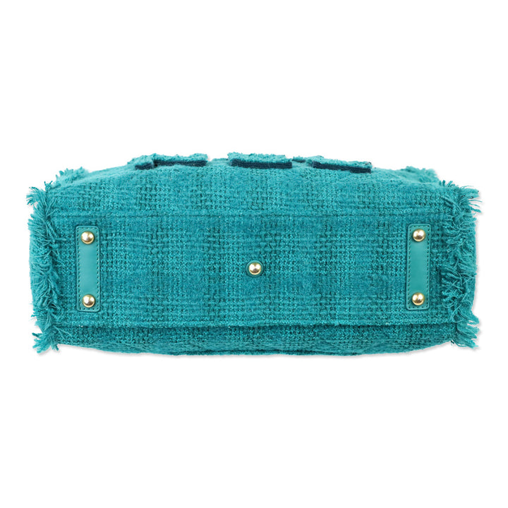 Chanel Teal Quilted Tweed Giant Logo Medium Shopping Tote