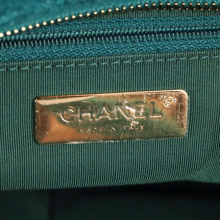 Chanel Teal Quilted Tweed Giant Logo Medium Shopping Tote