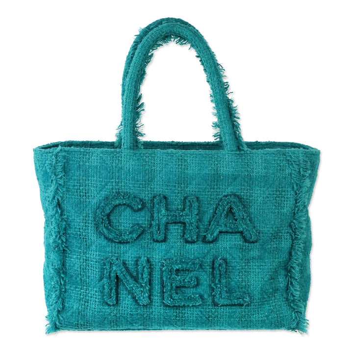 Chanel Teal Quilted Tweed Giant Logo Medium Shopping Tote