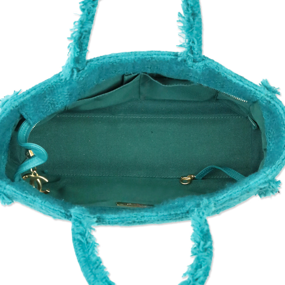 Chanel Teal Quilted Tweed Giant Logo Medium Shopping Tote