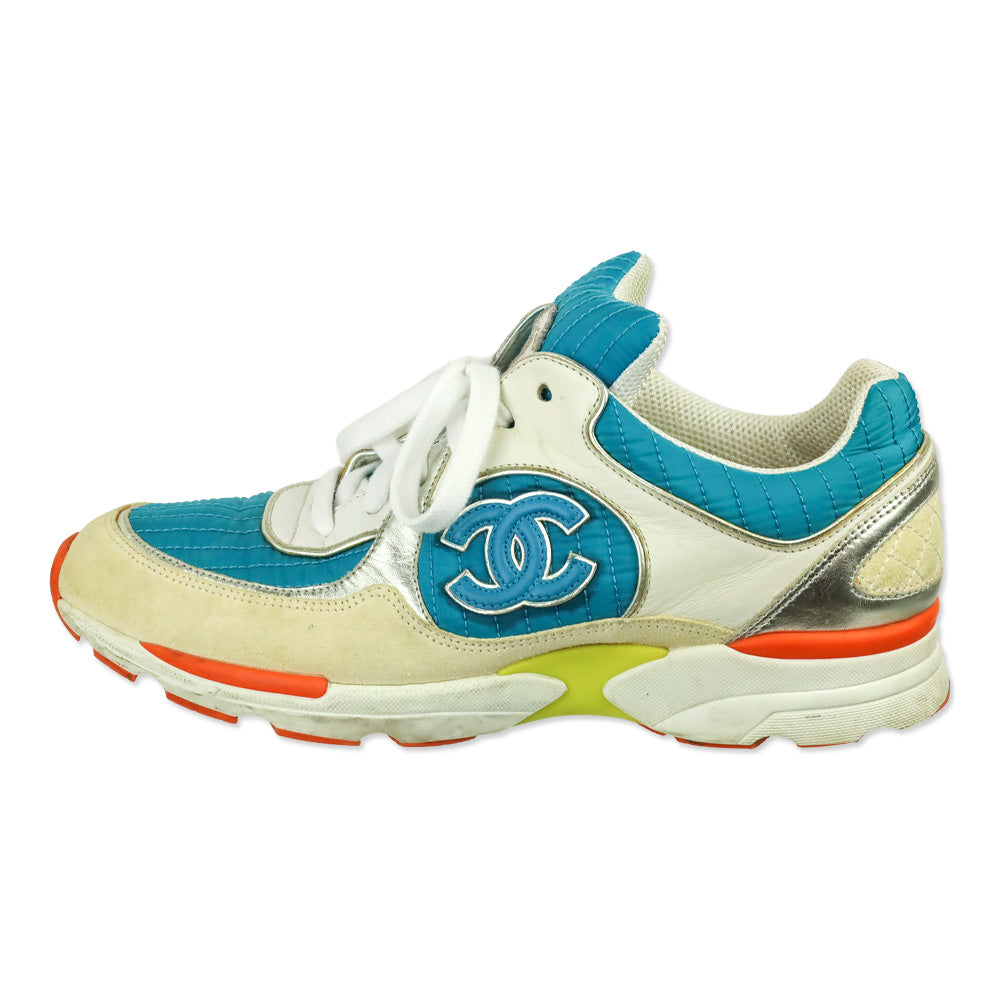 Chanel Turquoise Quilted Nylon Tri-Color Tennis Sneakers