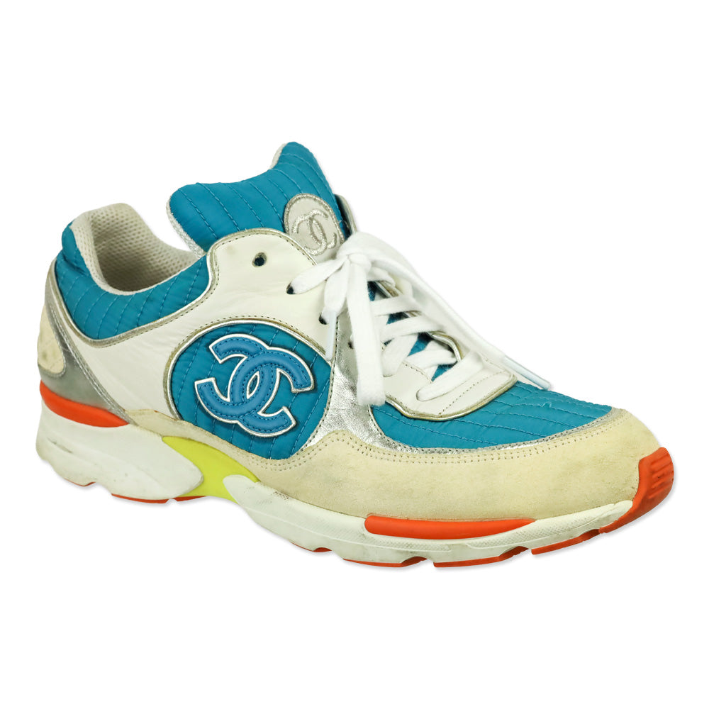 Chanel Turquoise Quilted Nylon Tri-Color Tennis Sneakers