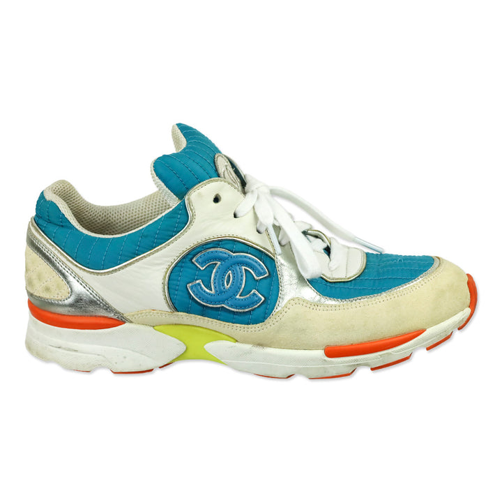 Chanel Turquoise Quilted Nylon Tri-Color Tennis Sneakers