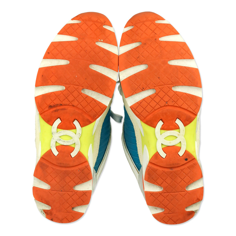 Chanel Turquoise Quilted Nylon Tri-Color Tennis Sneakers