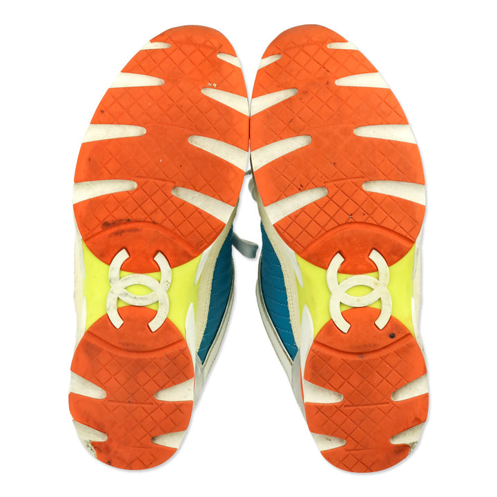 Chanel Turquoise Quilted Nylon Tri-Color Tennis Sneakers
