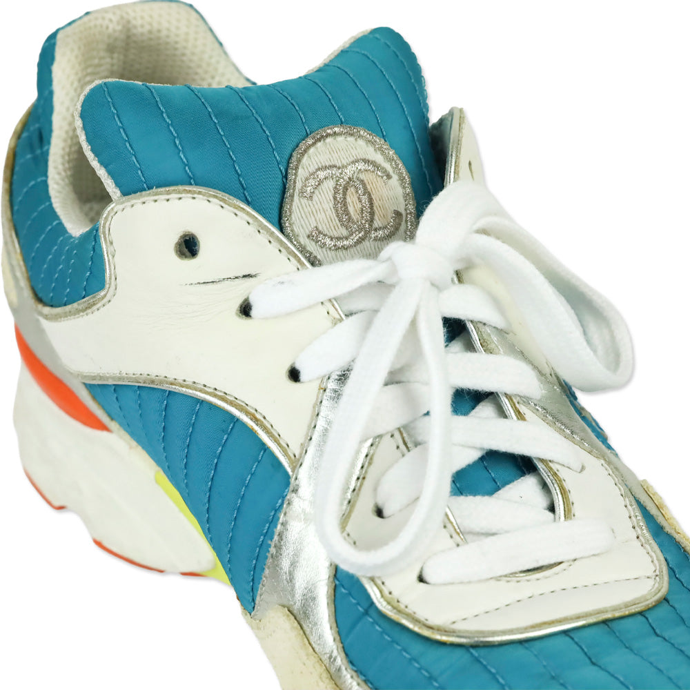 Chanel Turquoise Quilted Nylon Tri-Color Tennis Sneakers