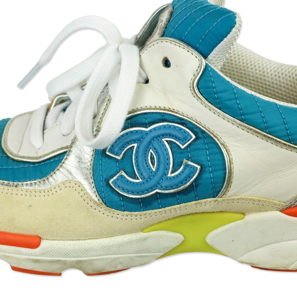 Chanel Turquoise Quilted Nylon Tri-Color Tennis Sneakers