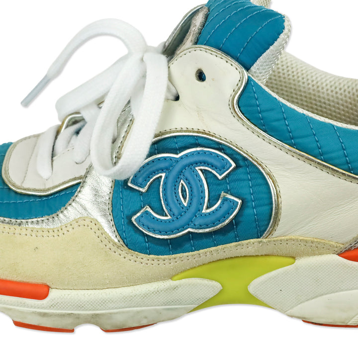 Chanel Turquoise Quilted Nylon Tri-Color Tennis Sneakers