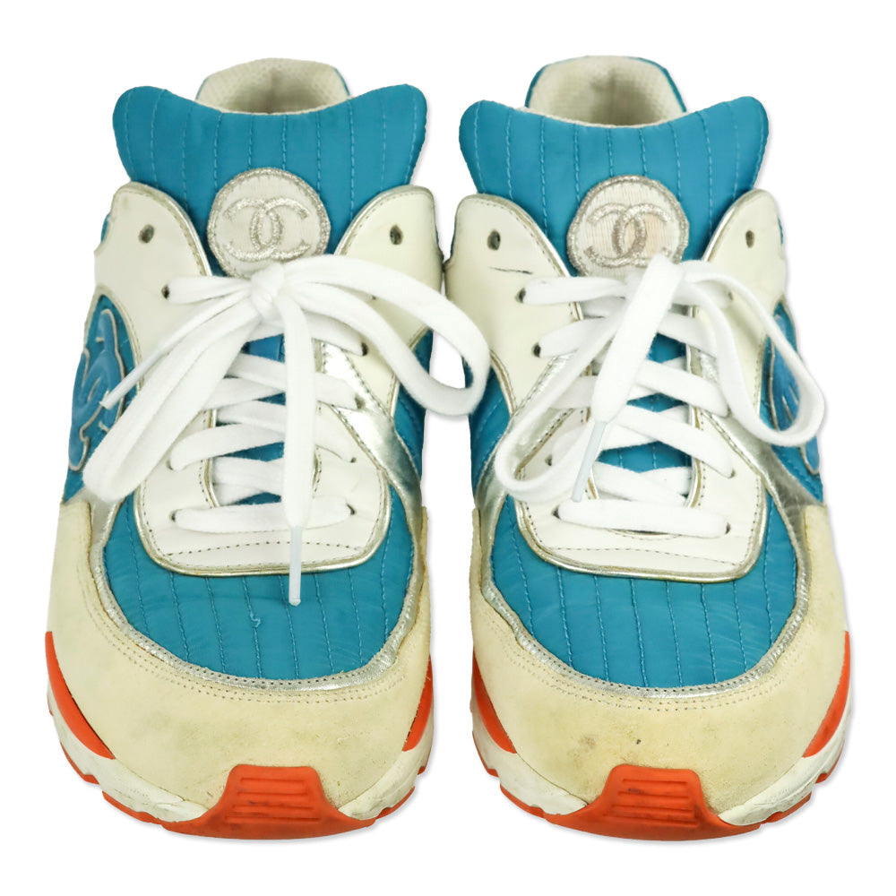 Chanel Turquoise Quilted Nylon Tri-Color Tennis Sneakers