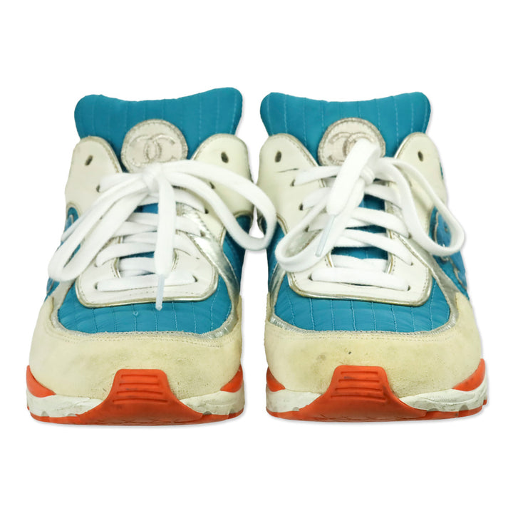 Chanel Turquoise Quilted Nylon Tri-Color Tennis Sneakers
