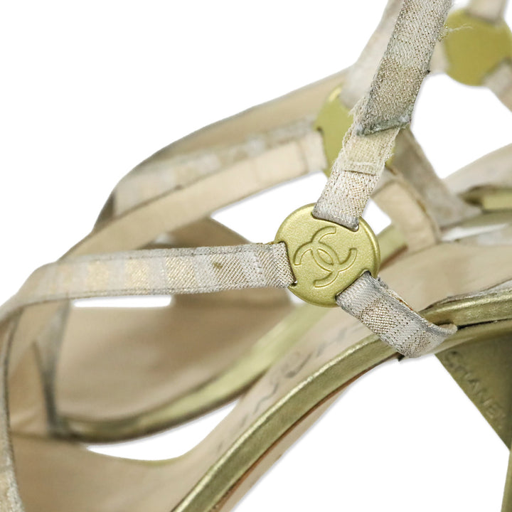 Chanel Vintage 2001 Metallic Gold and Cream Canvas Slingback Sandals