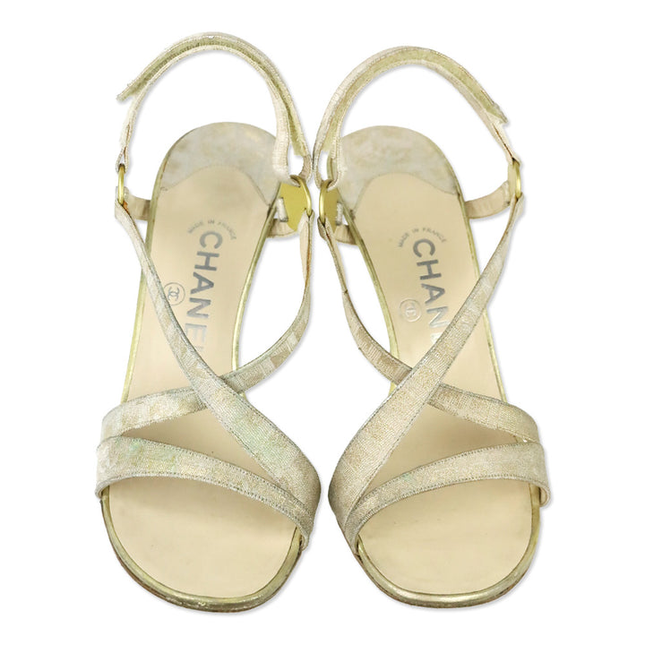 Chanel Vintage 2001 Metallic Gold and Cream Canvas Slingback Sandals