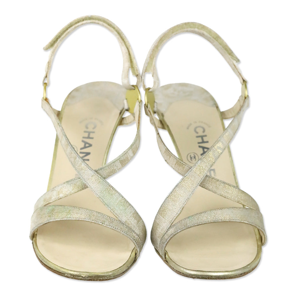 Chanel Vintage 2001 Metallic Gold and Cream Canvas Slingback Sandals