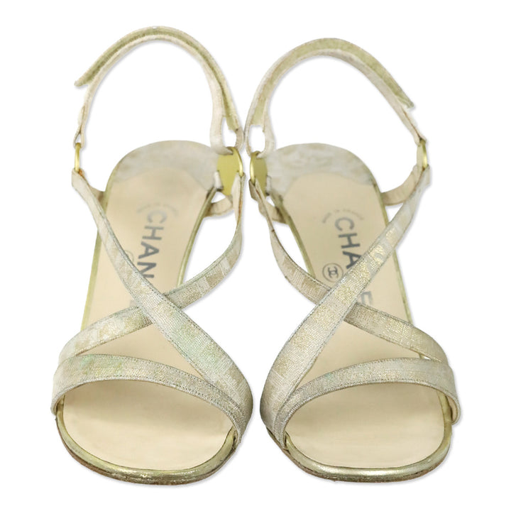Chanel Vintage 2001 Metallic Gold and Cream Canvas Slingback Sandals