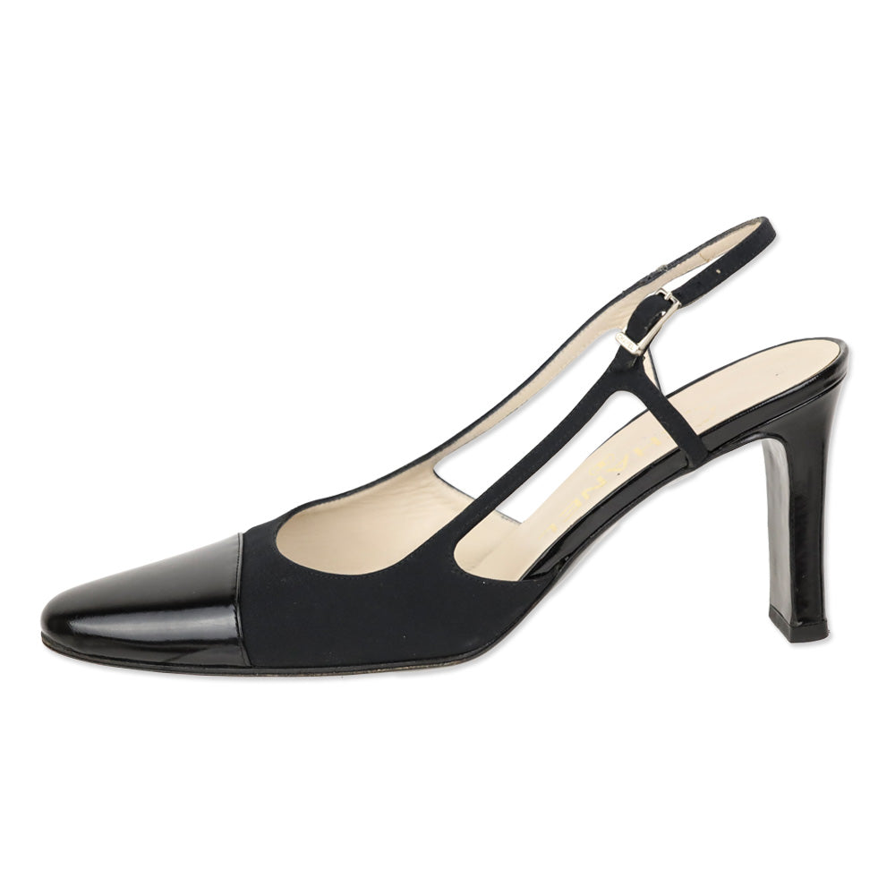 Chanel Vintage Black Nylon Cap Toe Slingback Pumps