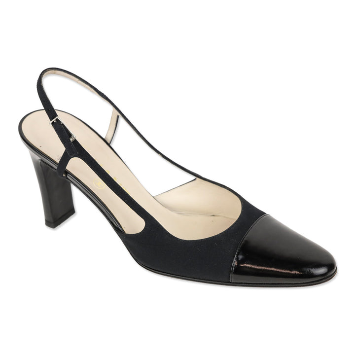 Chanel Vintage Black Nylon Cap Toe Slingback Pumps