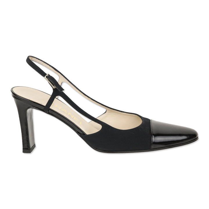 Chanel Vintage Black Nylon Cap Toe Slingback Pumps