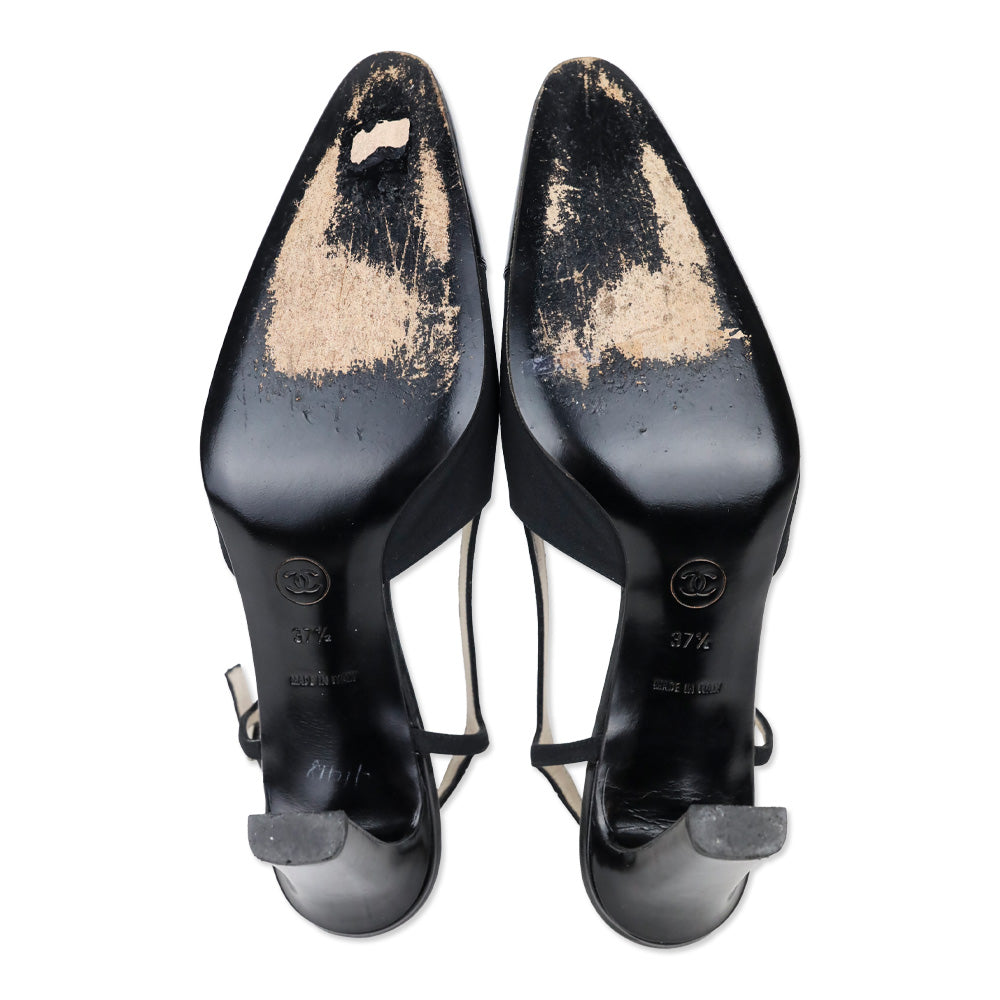 Chanel Vintage Black Nylon Cap Toe Slingback Pumps