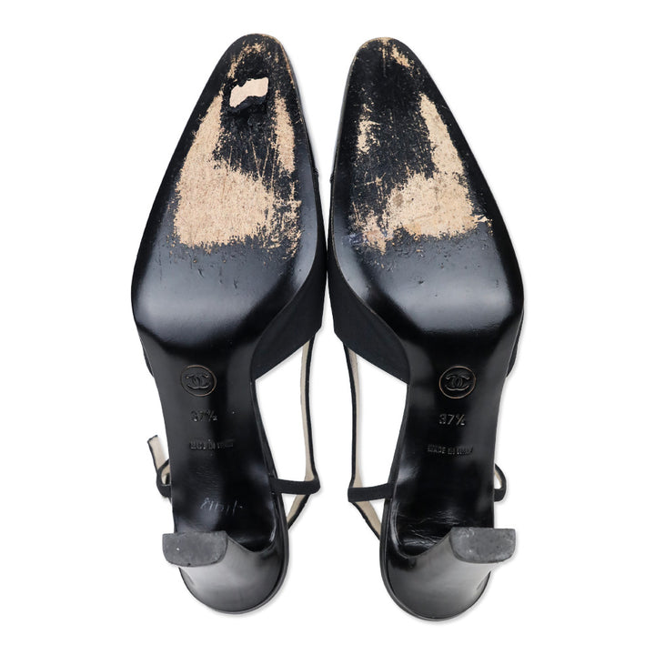 Chanel Vintage Black Nylon Cap Toe Slingback Pumps