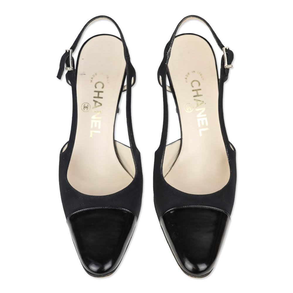 Chanel Vintage Black Nylon Cap Toe Slingback Pumps