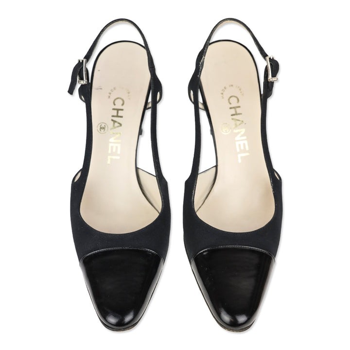 Chanel Vintage Black Nylon Cap Toe Slingback Pumps
