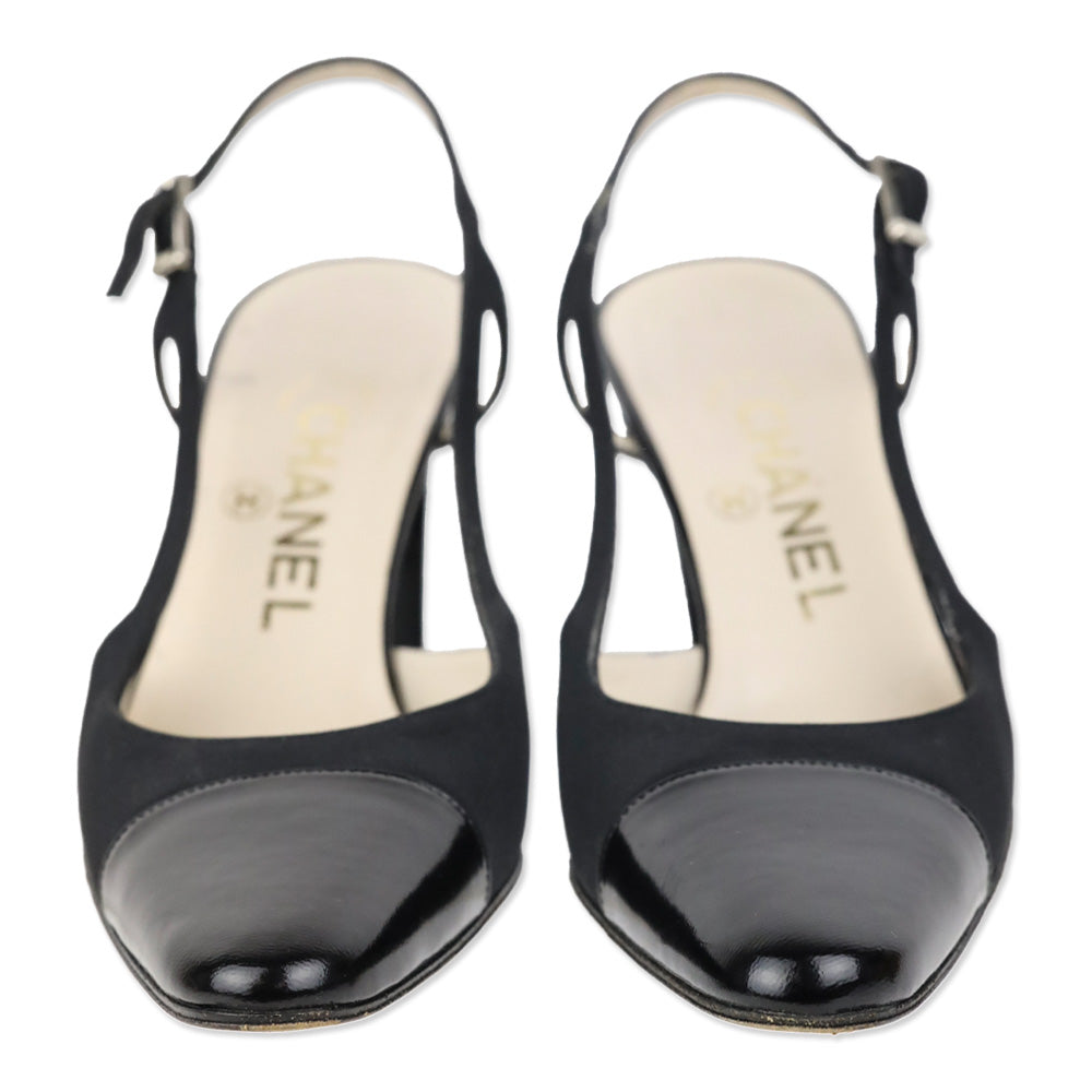 Chanel Vintage Black Nylon Cap Toe Slingback Pumps