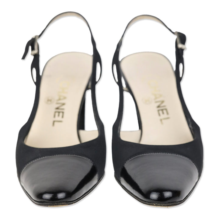 Chanel Vintage Black Nylon Cap Toe Slingback Pumps