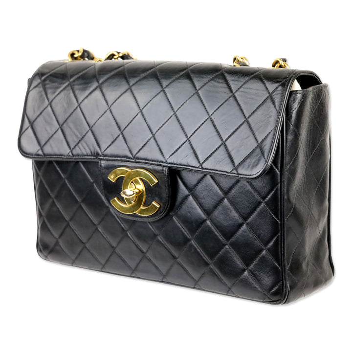 Chanel Vintage Black Quilted Lambskin Jumbo Classic Single Flap Bag with 24k Gold Hardware
