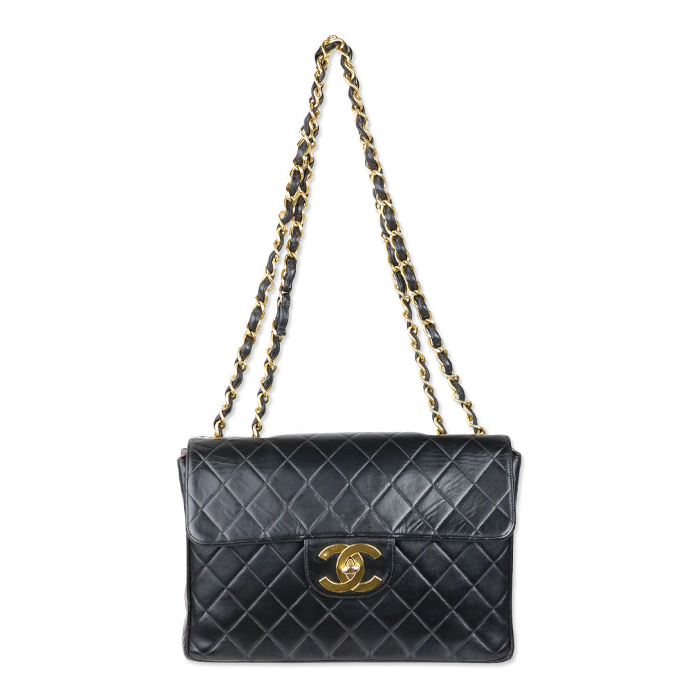Chanel Vintage Black Quilted Lambskin Jumbo Classic Single Flap Bag with 24k Gold Hardware