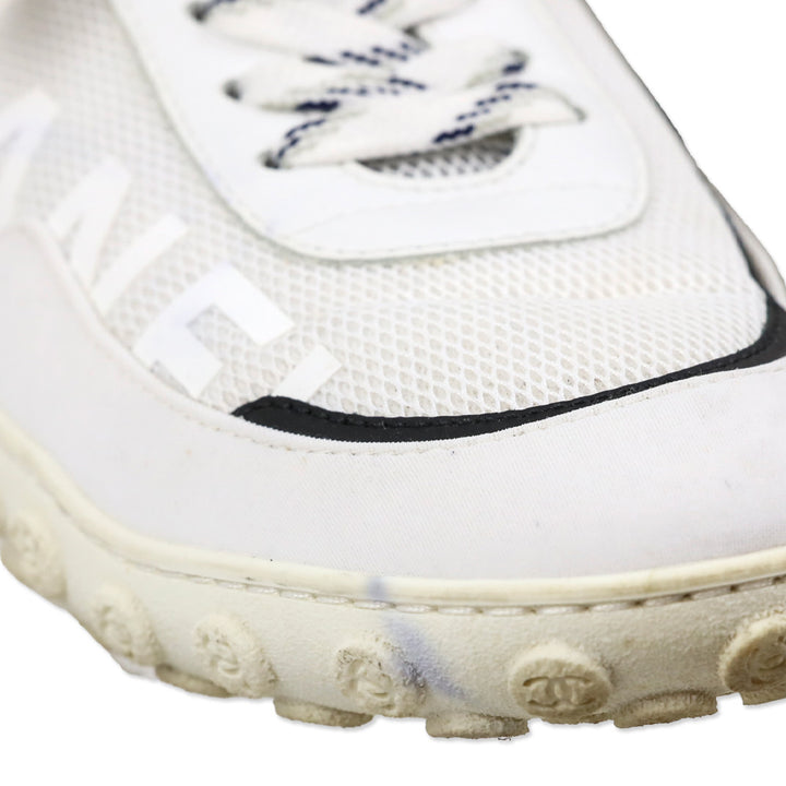 Chanel White Calfskin/Mesh/Lycra Interlocking CC Logo Low Top Sneakers