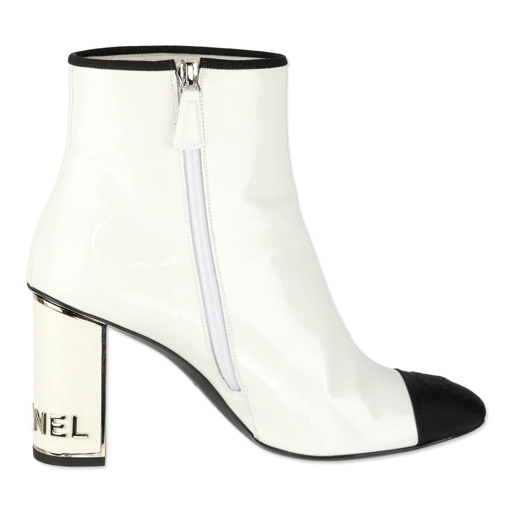 Chanel White Patent Calfskin/Black Grosgrain Cap-Toe Short Boots