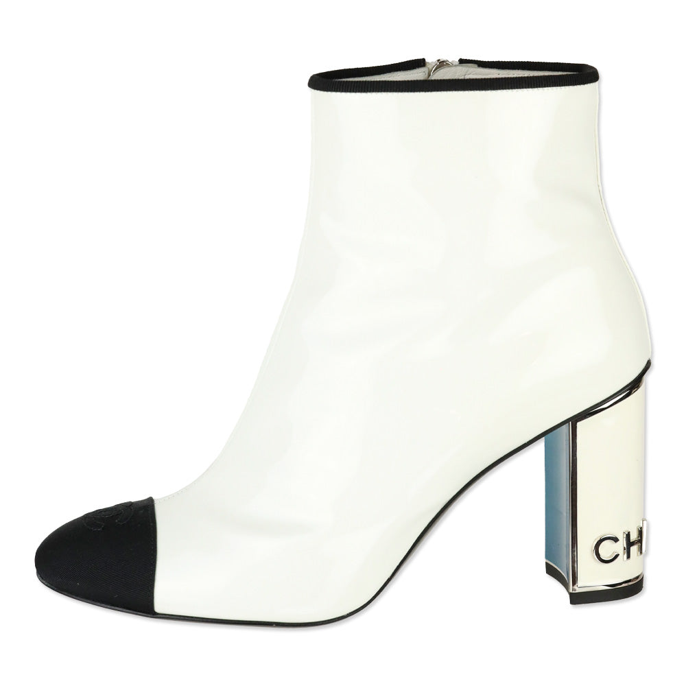 Chanel White Patent Calfskin/Black Grosgrain Cap-Toe Short Boots