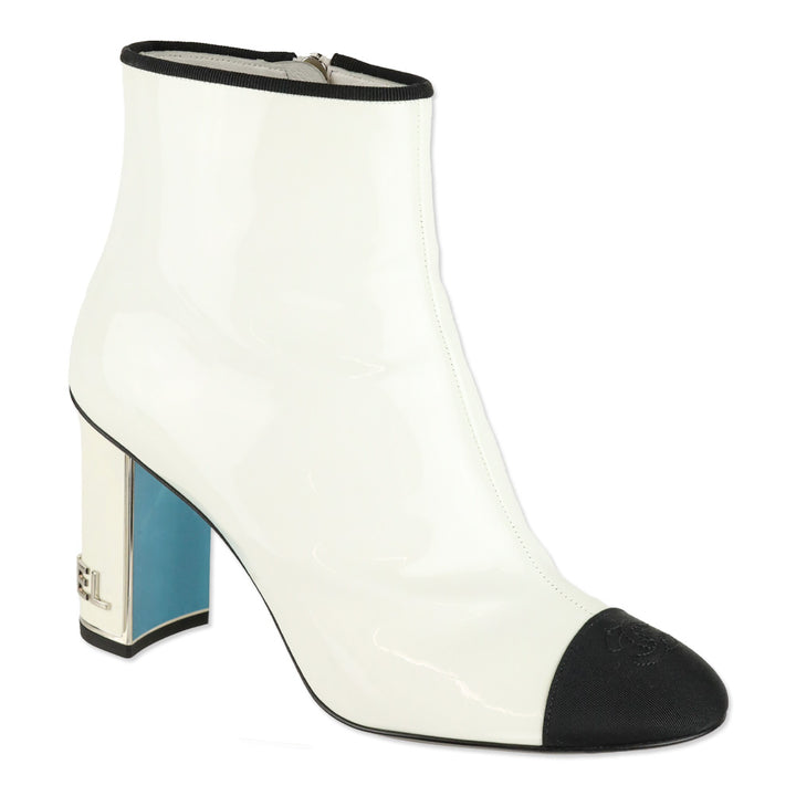 Chanel White Patent Calfskin/Black Grosgrain Cap-Toe Short Boots