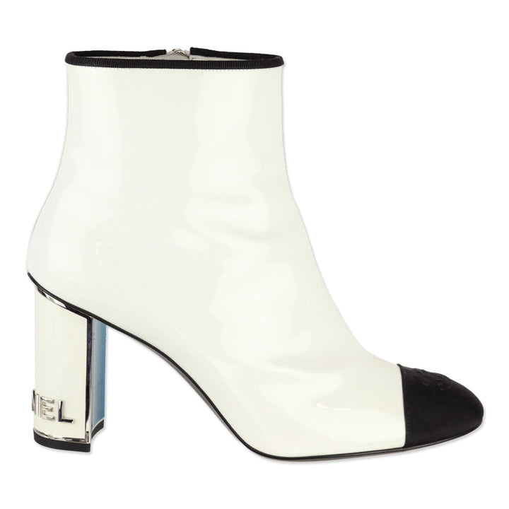 Chanel White Patent Calfskin/Black Grosgrain Cap-Toe Short Boots