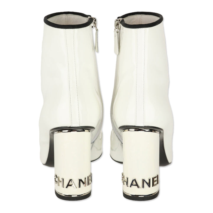 Chanel White Patent Calfskin/Black Grosgrain Cap-Toe Short Boots