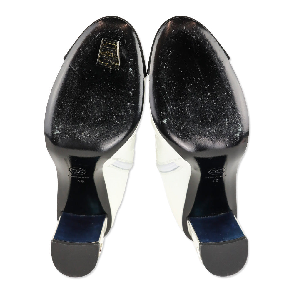 Chanel White Patent Calfskin/Black Grosgrain Cap-Toe Short Boots
