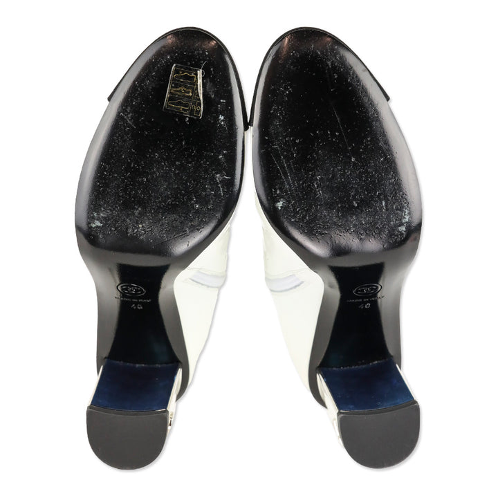 Chanel White Patent Calfskin/Black Grosgrain Cap-Toe Short Boots