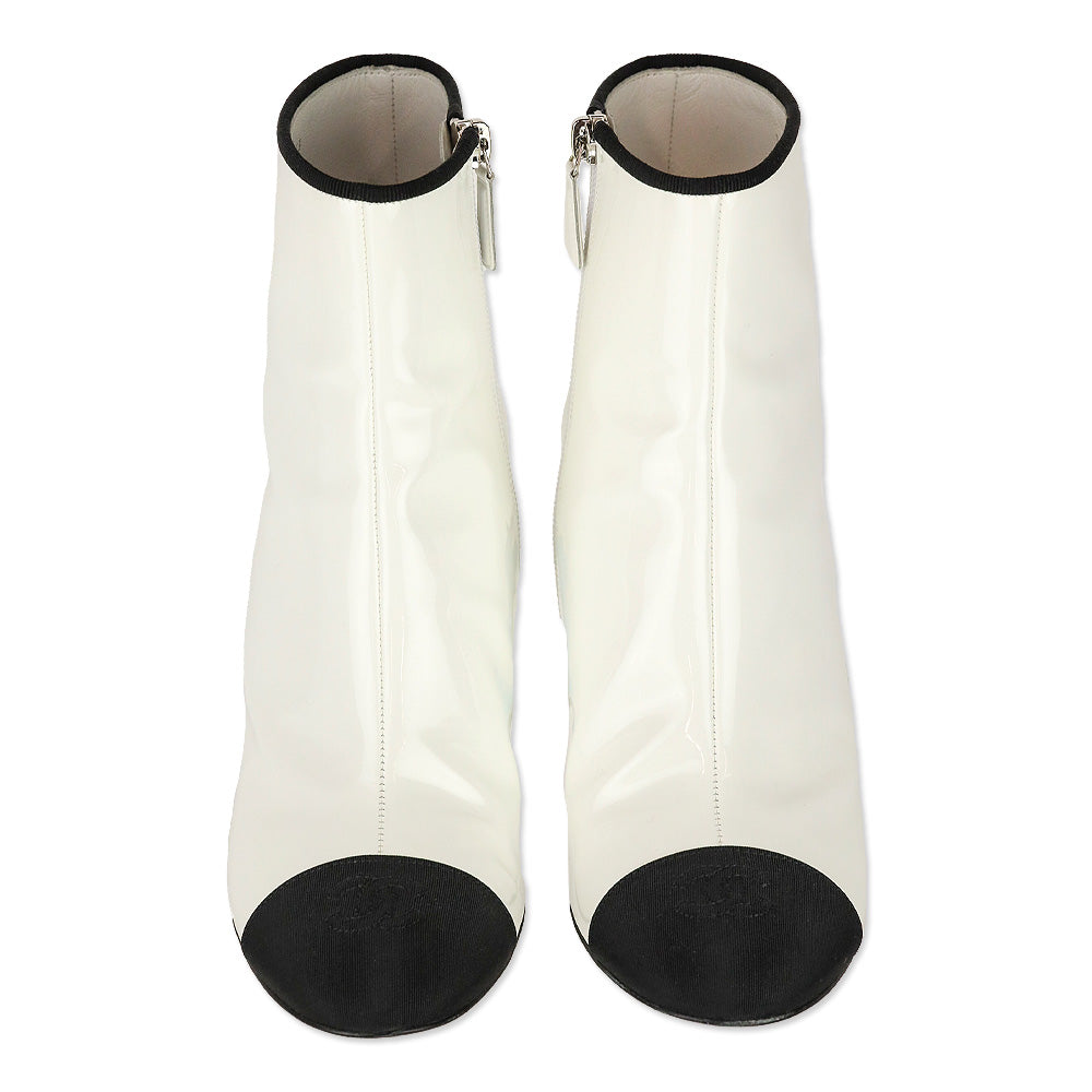Chanel White Patent Calfskin/Black Grosgrain Cap-Toe Short Boots