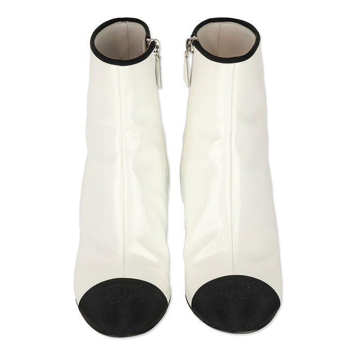 Chanel White Patent Calfskin/Black Grosgrain Cap-Toe Short Boots