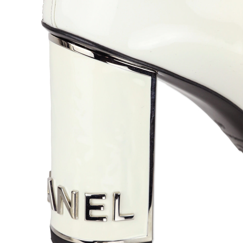 Chanel White Patent Calfskin/Black Grosgrain Cap-Toe Short Boots