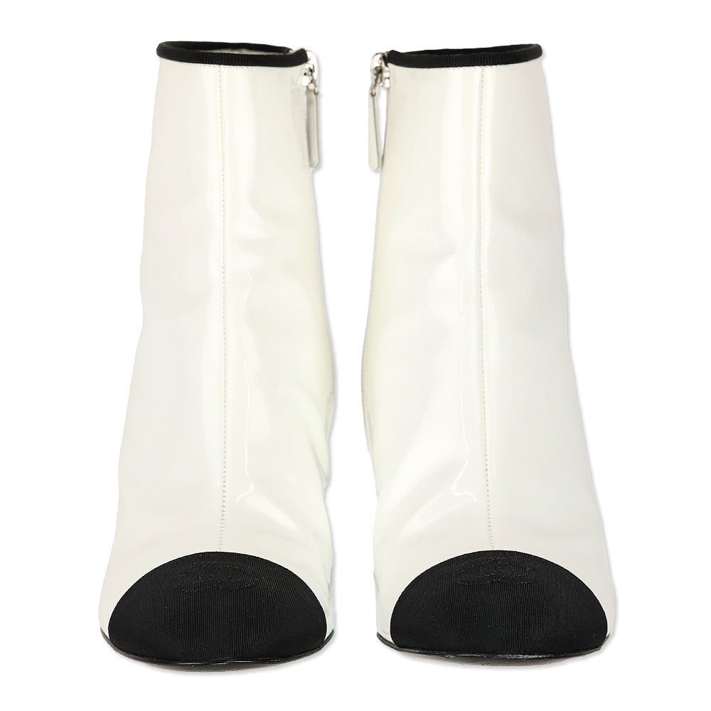 Chanel White Patent Calfskin/Black Grosgrain Cap-Toe Short Boots