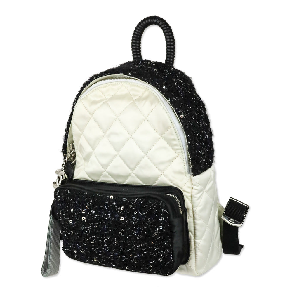 Chanel White Quilted Nylon & Black Tweed Small Backpack