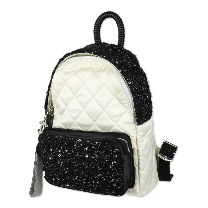Chanel White Quilted Nylon & Black Tweed Small Backpack
