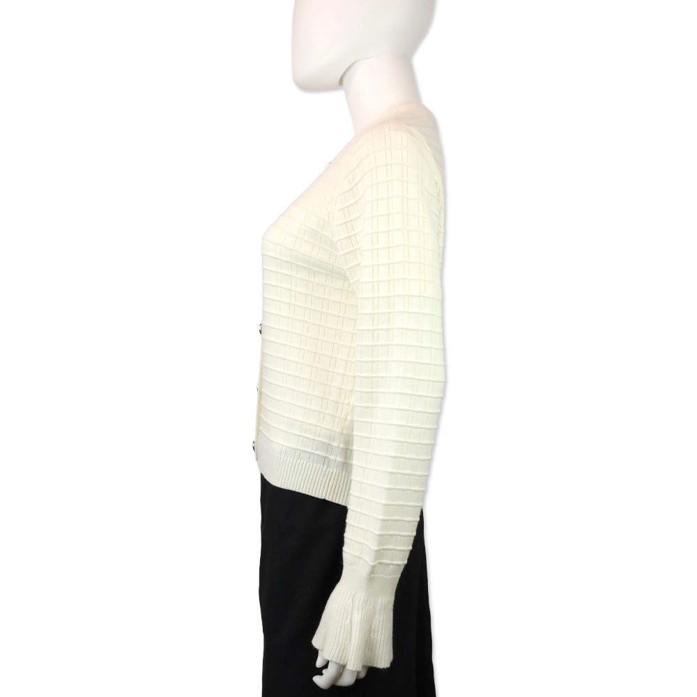 Chanel White Ribbed Cable Knit Wool Poet Sleeve Cardigan Sweater