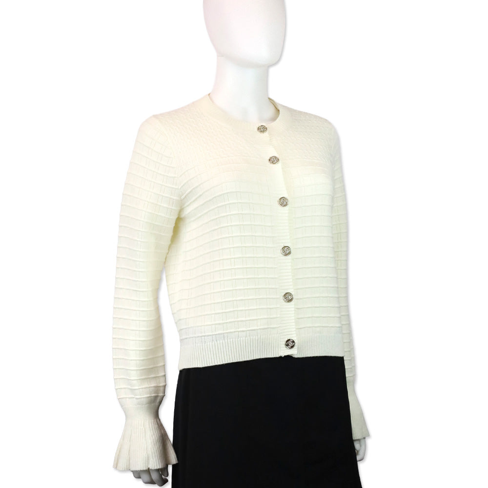 Chanel White Ribbed Cable Knit Wool Poet Sleeve Cardigan Sweater