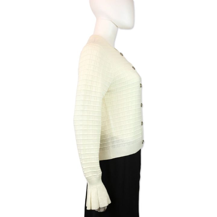 Chanel White Ribbed Cable Knit Wool Poet Sleeve Cardigan Sweater