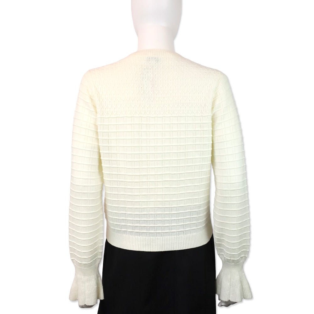 Chanel White Ribbed Cable Knit Wool Poet Sleeve Cardigan Sweater